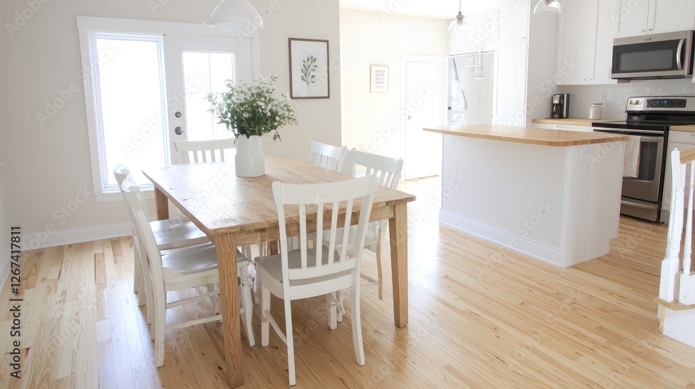 Bright dining room with wooden table, kitchen view Bright dining room with wooden table, kitchen view
