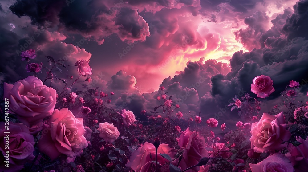 Fototapeta premium Pink roses with a stormy sky in the background, intense atmosphere