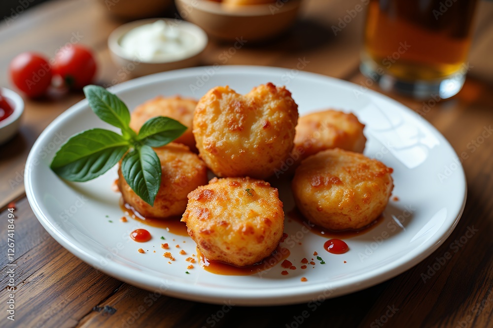 Crispy Fried Potato Balls Appetizer on White Plate with Sauce