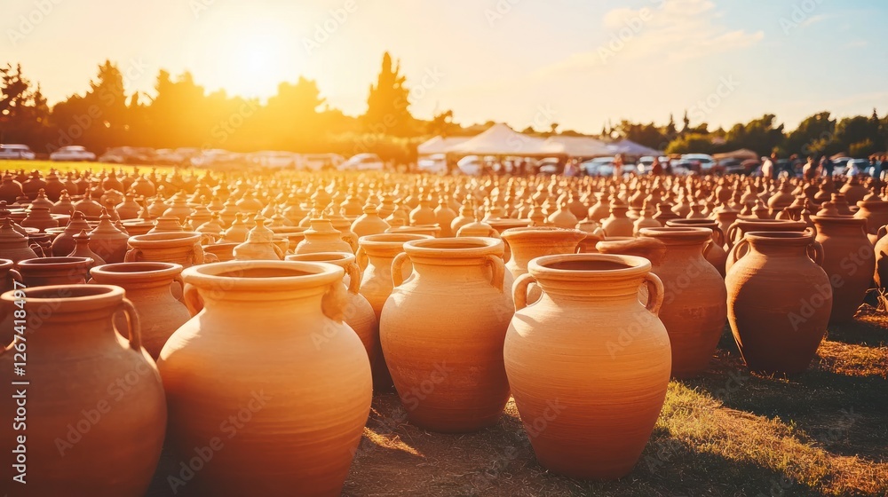 Obraz premium Sunset over a field of terracotta amphorae