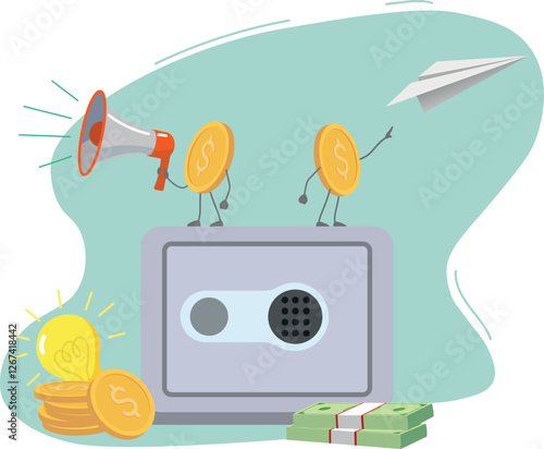 Money cash, gold coins. Flat illustration safe for money, wealth, saving finances