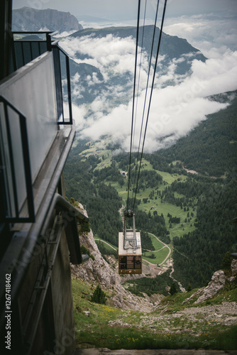 Seceda Cable Car Above Cloudy Mountain Valley