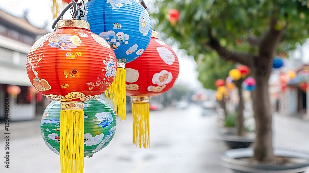 Naklejka premium Colorful lanterns in the city