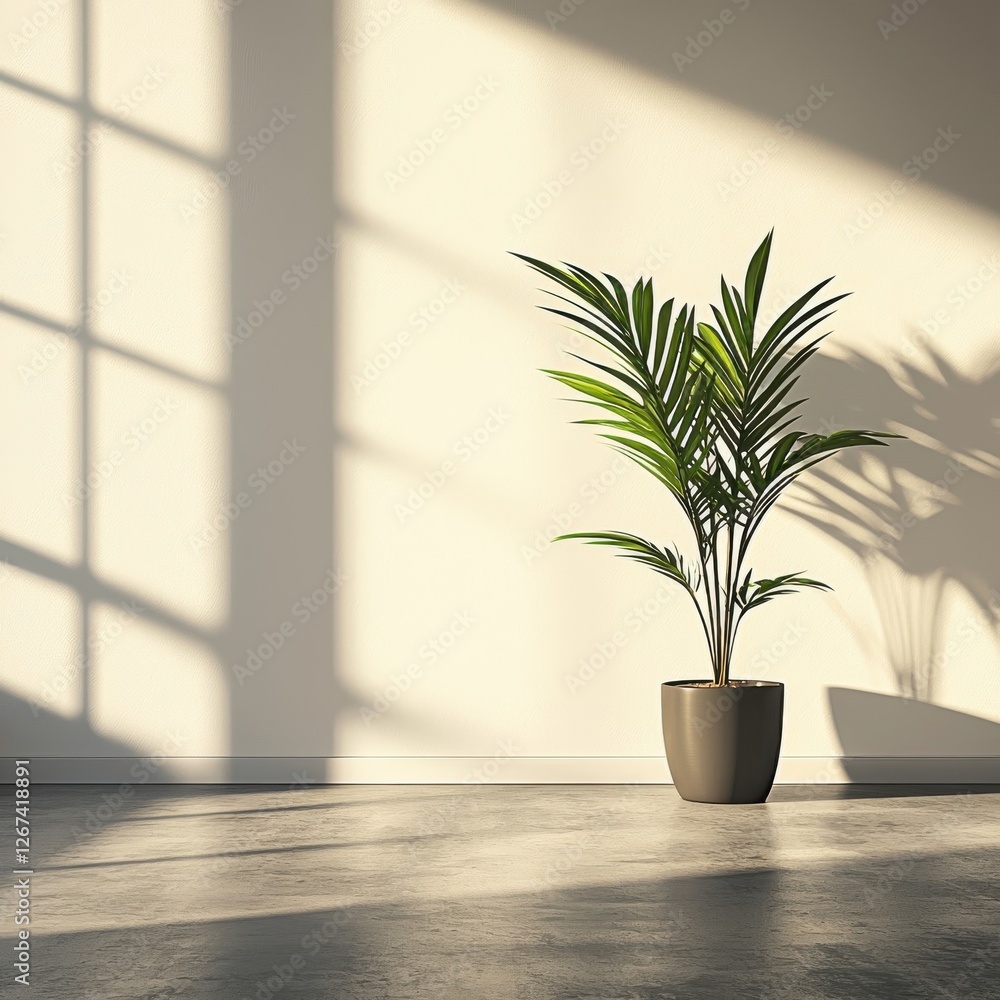 Sunlight illuminates a potted palm plant against a pale wall-standard v2-4x Sunlight illuminates a potted palm plant against a pale wall-standard v2-4x