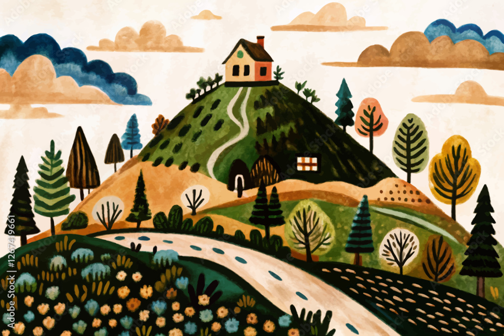 beautiful green hill summer national park with clouds and grass abstract cartoon illustration beautiful green hill summer national park with clouds and grass abstract cartoon illustration