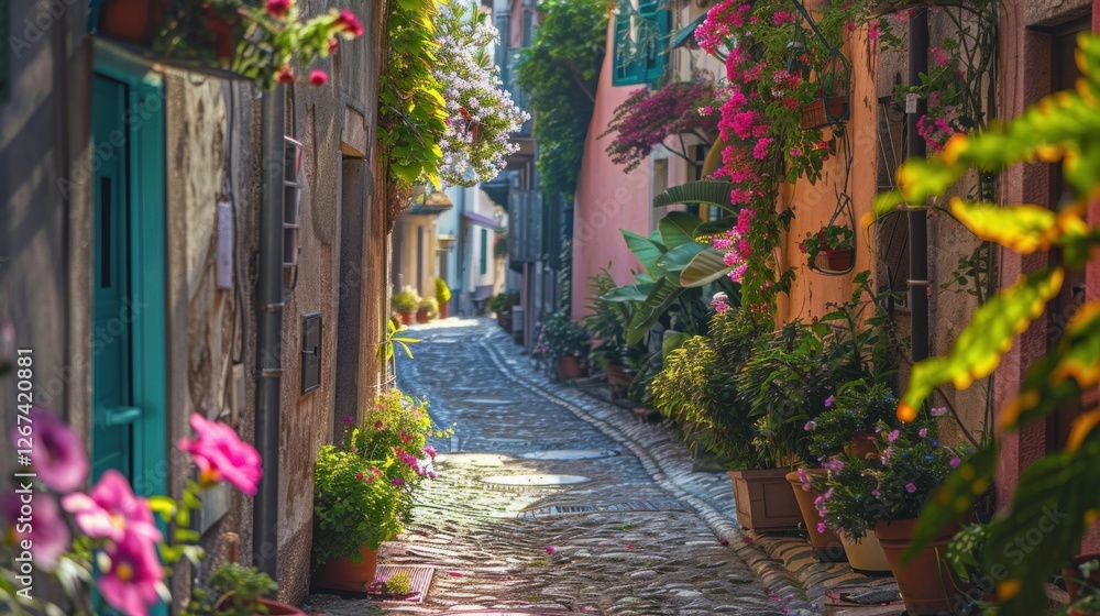 Charming sunlit cobblestone alley lined with colorful flowers, rustic shutters, and warm golden light creating a serene and picturesque atmosphere. Charming sunlit cobblestone alley lined with colorful flowers, rustic shutters, and warm golden light creating a serene and picturesque atmosphere.