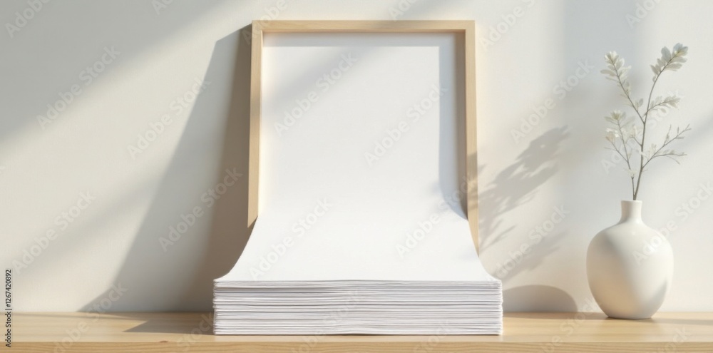 Fototapeta premium Minimalist paper pages stacked vertically in a wooden frame, photo album, layout, template