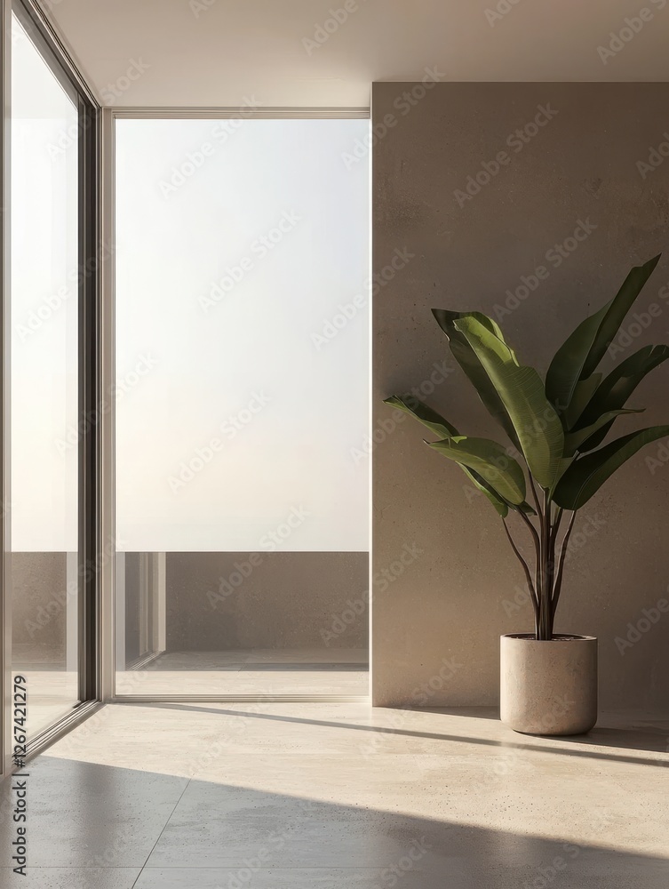 Sunlit minimalist interior large plant in pot, sliding glass door to balcony-standard v2-4x Sunlit minimalist interior large plant in pot, sliding glass door to balcony-standard v2-4x
