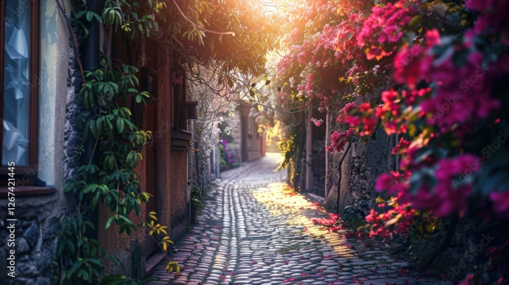 Obraz premium Charming sunlit cobblestone alley lined with colorful flowers, rustic shutters, and warm golden light creating a serene and picturesque atmosphere.
