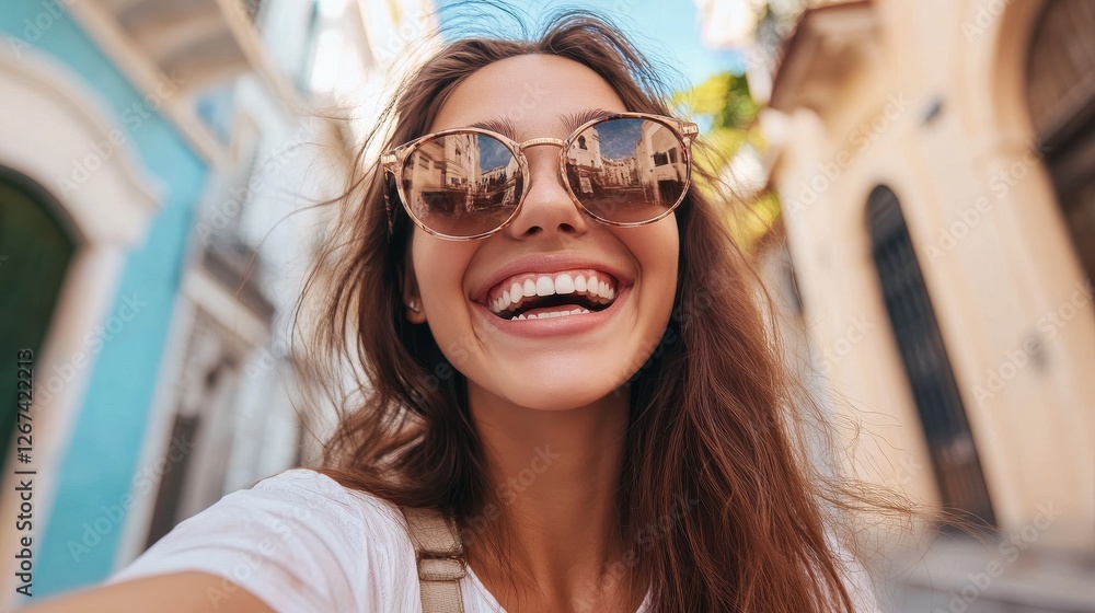 Overjoyed female model laughs happily enjoys spare time takes selfie portrait outside against blurred building background wears sunglasses has excursion in ancient city during summer holidays Overjoyed female model laughs happily enjoys spare time takes selfie portrait outside against blurred building background wears sunglasses has excursion in ancient city during summer holidays