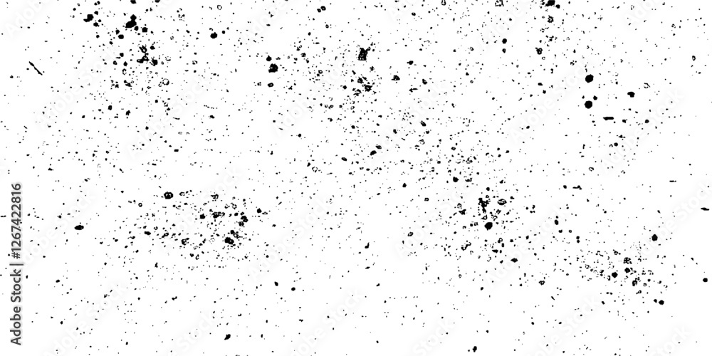 Retro grunge white backdrop with dust dots, black spray paint drips, ink splashes, and realistic texture effects