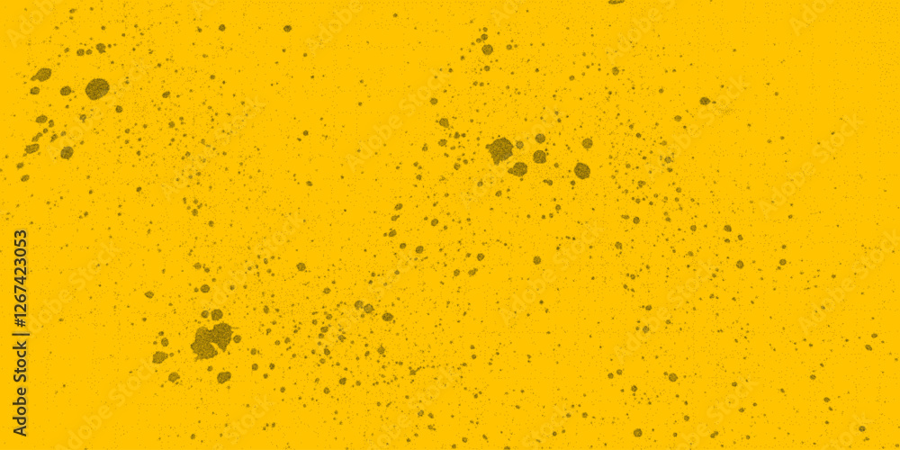 Noisy halftone dots on a dusty bright yellow background with black spray paint drips, ink spots and realistic grunge stains in a retro design, stipple effect Noisy halftone dots on a dusty bright yellow background with black spray paint drips, ink spots and realistic grunge stains in a retro design, stipple effect