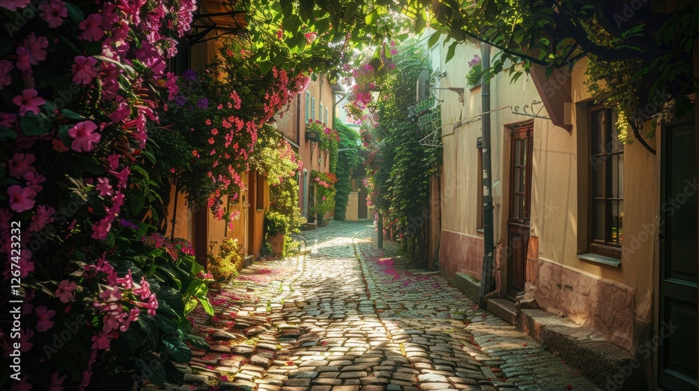 Obraz premium Charming sunlit cobblestone alley lined with colorful flowers, rustic shutters, and warm golden light creating a serene and picturesque atmosphere.