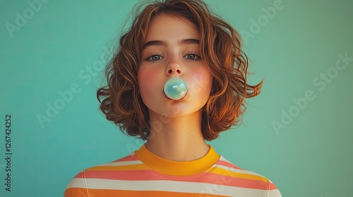 A playful teenage girl blowing bubble gum A playful teenage girl captured mid-pop blowing bubble gum Cheerful teenage girl blowing a large bubble with vibrant energy