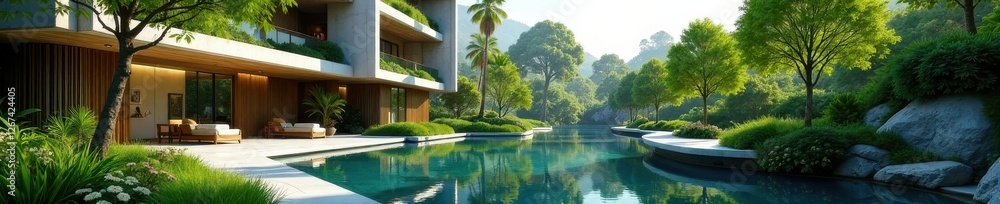 Fototapeta premium Modern office building surrounded by lush greenery and tranquil water features, architecture, office building,