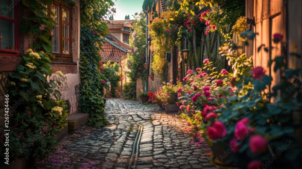 Fototapeta premium Charming sunlit cobblestone alley lined with colorful flowers, rustic shutters, and warm golden light creating a serene and picturesque atmosphere.