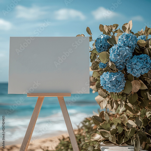 Mockup for a wedding welcome sign, white 24 x 18 inch card, horizontal, on a easel, ocean in the background, small blue hydrangeas decorating the welcome sign. photo