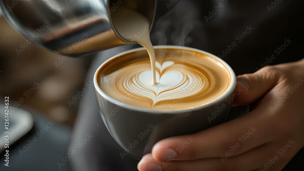 Barista pouring steamed milk to create heart shape latte art Barista pouring steamed milk to create heart shape latte art