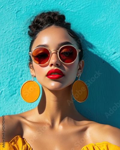 A trendy woman wearing bold red lipstick A trendy woman confidently wearing bold red lipstick Chic portrait of a fashionable woman with striking red lips