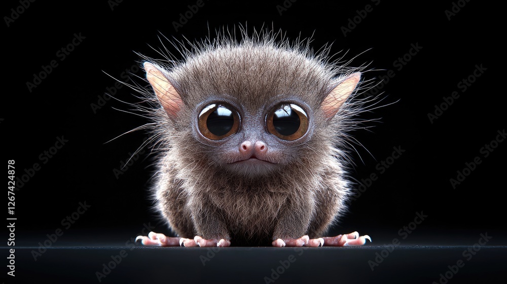 Fototapeta premium Cute fluffy tarsier with large expressive eyes sitting against a dark studio background.
