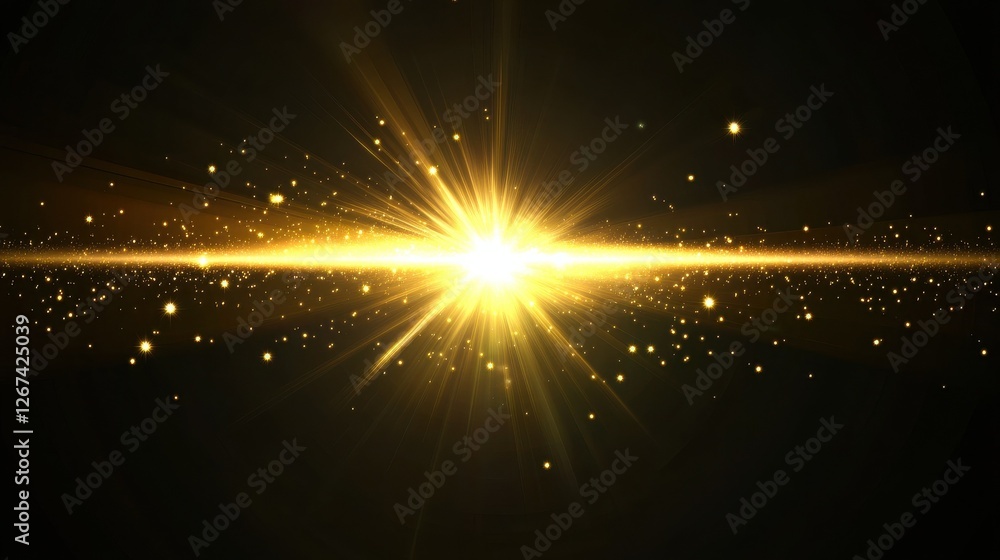 Obraz premium Light effect. Vector shining golden bright light. Gold shine burst with sparkles illustration isolated on black background