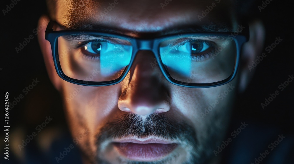 Close up view of focused businessman wears computer glasses for reducing eye strain blurred vision looking at pc screen with computer reflection using internet, reading, watching, working online late Close up view of focused businessman wears computer glasses for reducing eye strain blurred vision looking at pc screen with computer reflection using internet, reading, watching, working online late