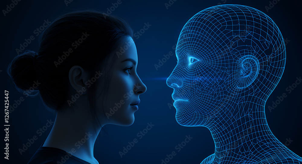 Fototapeta premium Human vs. AI: A Digital Staredown ? Exploring the Intersection of Artificial Intelligence and Humanity in Stunning Blue Hues