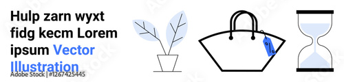 Potted plant, handbag with a tag, and hourglass in simple composition. Ideal for balance, mindfulness, minimalism, time, eco-living shopping and branding. Perfect for a flat landing page banner