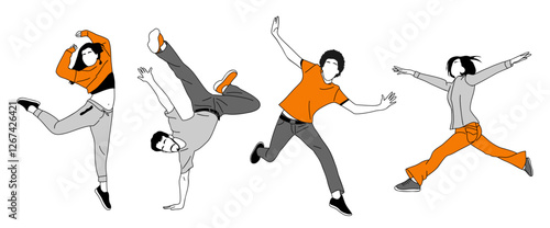 Set of teenager dancers hip hop, breakdance outline vector drawing on transparent background. Young cool girl and boy dancing street dance colored sketch. Korean japanese asian thin line style.