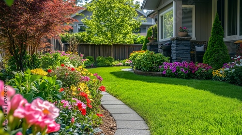 Beautiful home garden with green grass and colorful flowers in the front yard of the house, a springtime landscape design with flower beds and shrubs for a real estate photo
