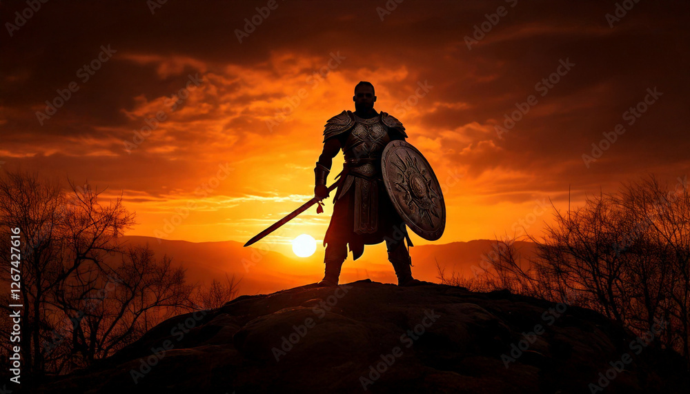 hero warrior silhouetted against the orange setting sun