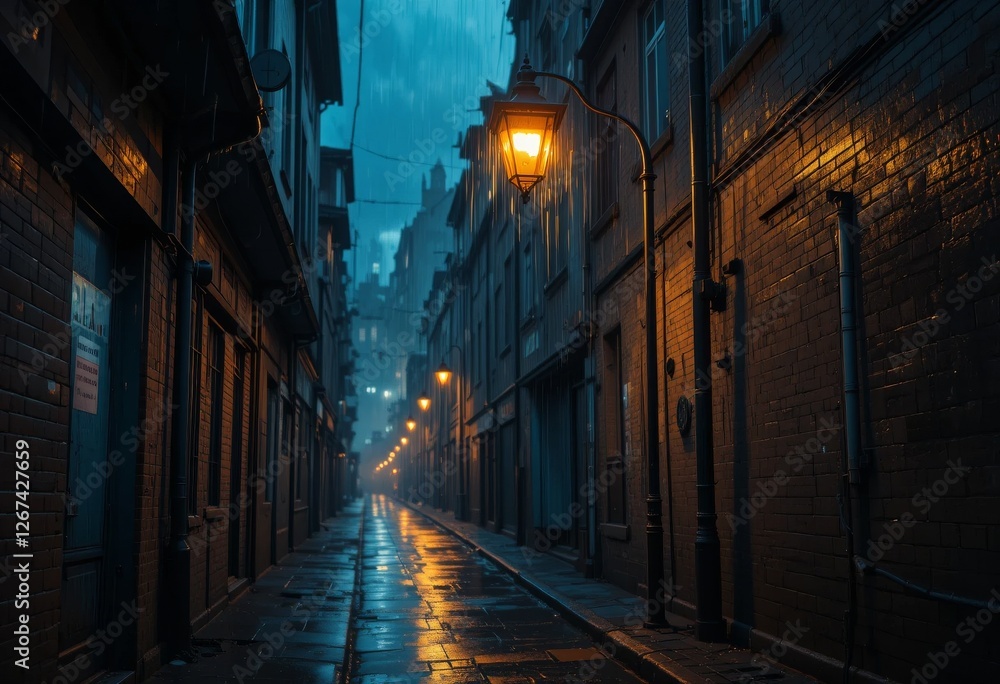 A lone streetlamp casting a warm light in a rainy urban alley, with rain streaks visible against the dark sky, creating a reflective and atmospheric scene
Generative AI A lone streetlamp casting a warm light in a rainy urban alley, with rain streaks visible against the dark sky, creating a reflective and atmospheric scene
Generative AI