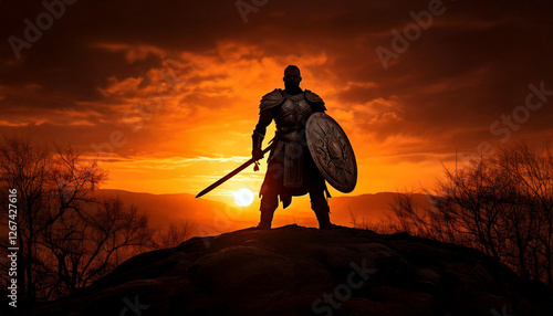 Obraz na płótnie hero warrior silhouetted against the orange setting sun w salonie