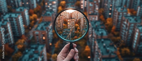 Person using magnifying glass to search for real estate in an apartment building