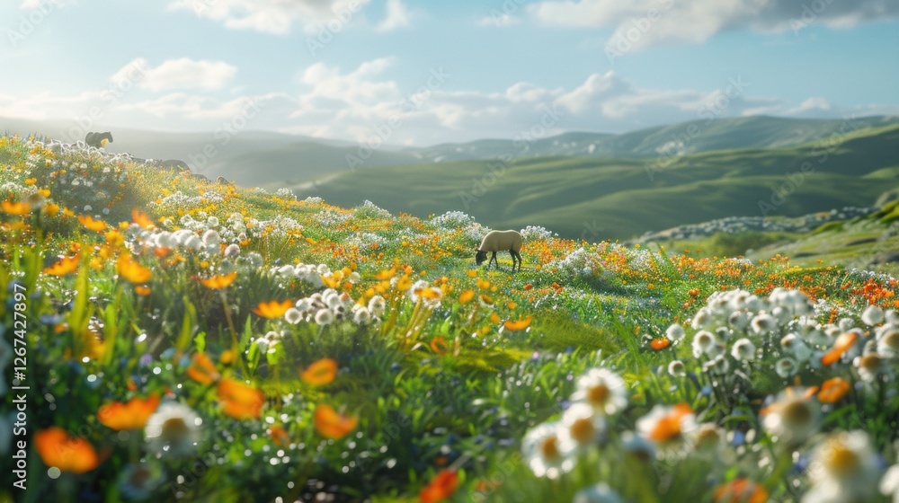 Fototapeta premium Scenic wildflower meadow with colorful blooms, rolling green hills, grazing sheep, and a bright sky with fluffy clouds on a sunny day.