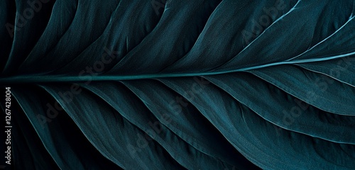 Dark green tropical leaf with deep veins and beautiful natural texture in macro close up for elegant botanical backgrounds and organic nature inspired designs