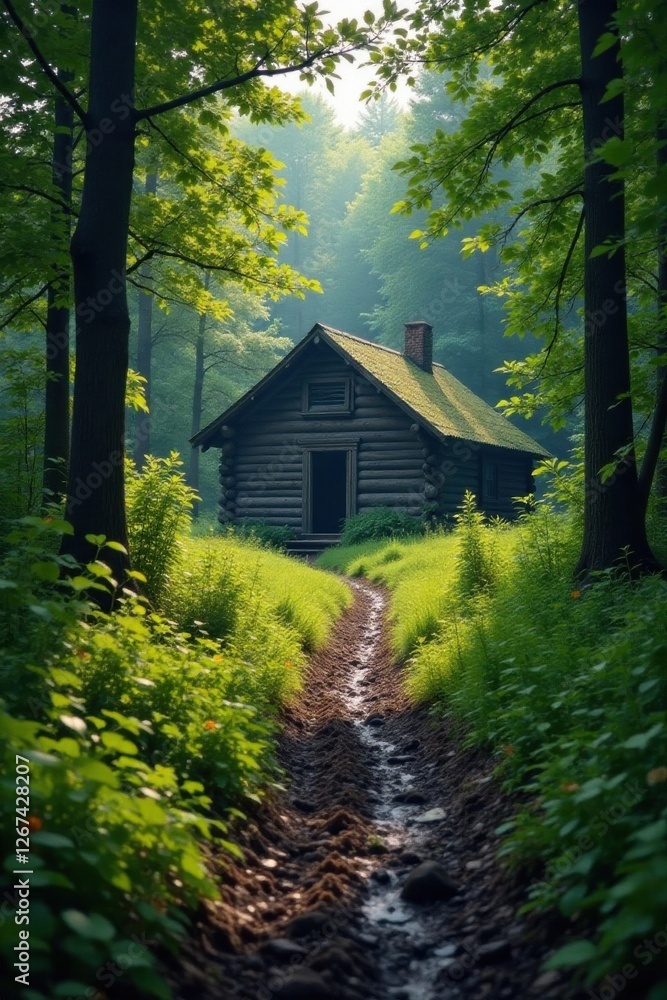 Muddy forest path leading to a rundown old cabin , forest, ruggedness, wilderness Muddy forest path leading to a rundown old cabin , forest, ruggedness, wilderness