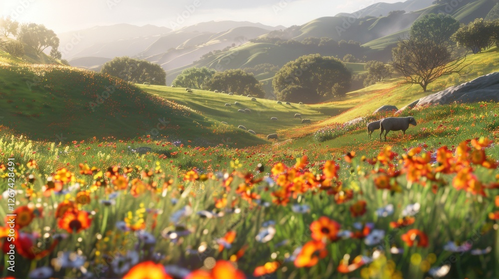 Scenic wildflower meadow with colorful blooms, rolling green hills, grazing sheep, and a bright sky with fluffy clouds on a sunny day. Scenic wildflower meadow with colorful blooms, rolling green hills, grazing sheep, and a bright sky with fluffy clouds on a sunny day.