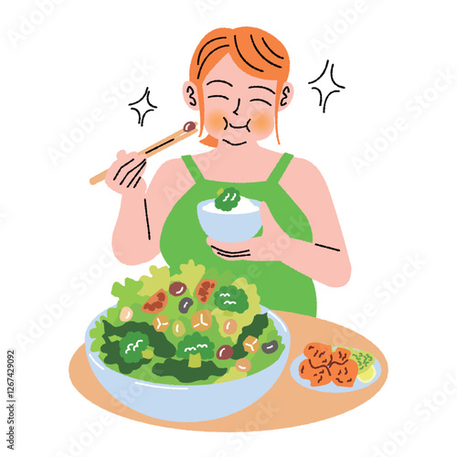 肥満の女性が美味しそうにサラダを食べる