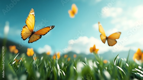Butterflies dancing over fresh green fields, 3D illustration