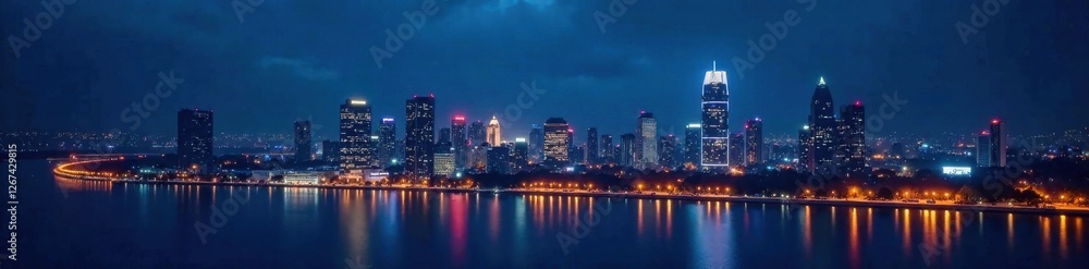 nighttime city view with bright lights and abstract circular lights effect on a dark blue sky, urbanatnight, darkblue, lights nighttime city view with bright lights and abstract circular lights effect on a dark blue sky, urbanatnight, darkblue, lights