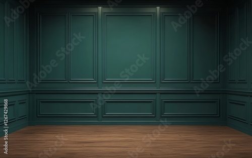 Luxury classic dark green panel wall with wooden floor in elegant interior design for sophisticated and timeless home decoration