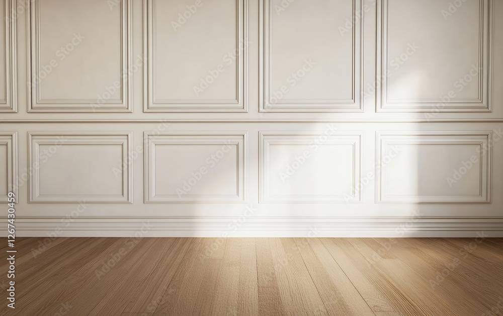 Sunlit white wall with decorative paneling in a modern interior background featuring natural light and shadows for a warm and cozy home atmosphere Sunlit white wall with decorative paneling in a modern interior background featuring natural light and shadows for a warm and cozy home atmosphere
