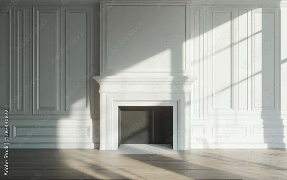 Fototapeta premium Elegant minimalist white fireplace in a classic luxury interior with decorative wall molding and natural sunlight creating soft shadows in a serene and sophisticated home setting