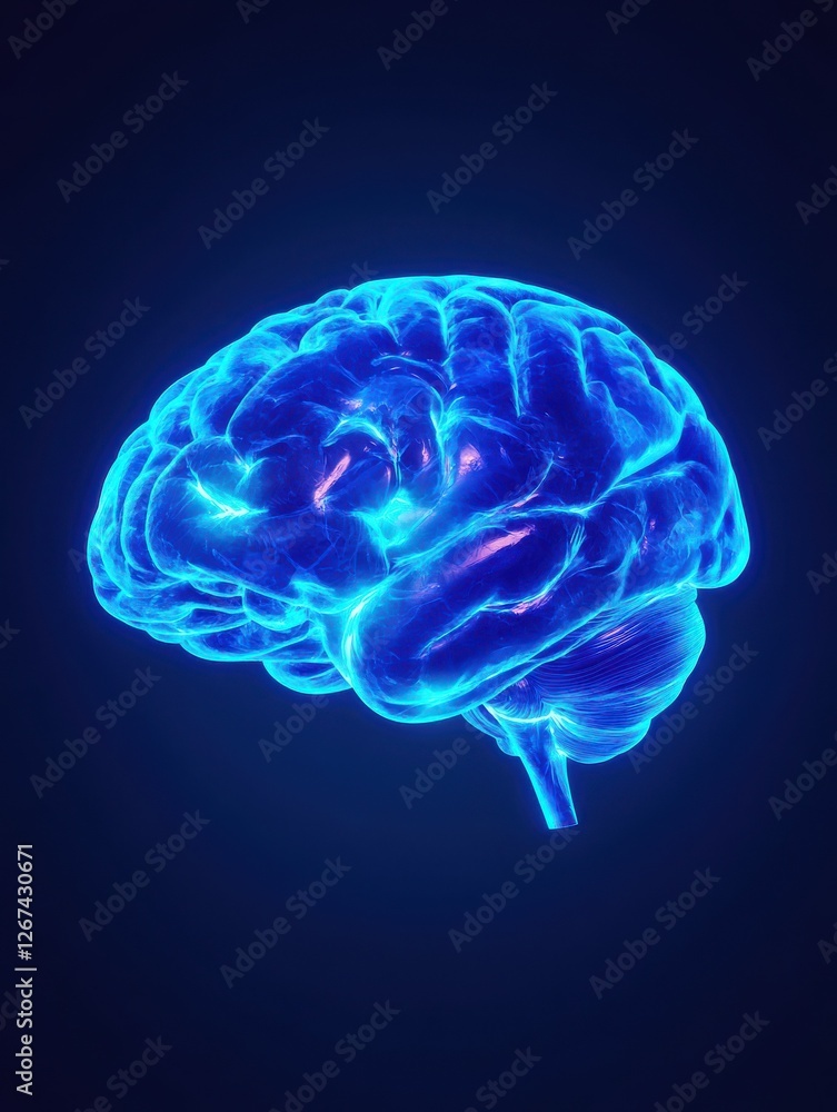 Blue 3D illustration of a human brain, a complex organ that controls thought, memory, and emotion Blue 3D illustration of a human brain, a complex organ that controls thought, memory, and emotion