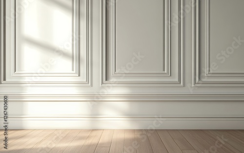 Luxury french style wall paneling with classic ornamental molding and soft natural lighting in a modern neoclassical interior with elegant architectural details