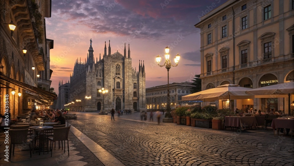 Obraz premium European city square at dusk, cobblestone streets, glowing street lamps, cafés with coffee drinkers, cathedral with intricate stonework, warm orange and purple sky. Ultra-detailed 8K.
