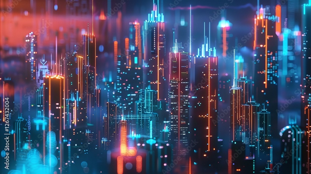 Futuristic cityscape at night with a stunning illuminated skyline of towering skyscrapers and glowing neon lights in a vibrant digital and technologically advanced metropolitan area Futuristic cityscape at night with a stunning illuminated skyline of towering skyscrapers and glowing neon lights in a vibrant digital and technologically advanced metropolitan area