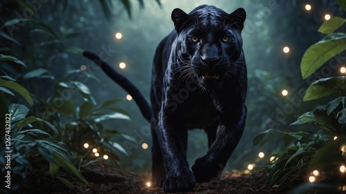 A majestic black panther walks through a lush jungle illuminated by soft, glowing lights. photo