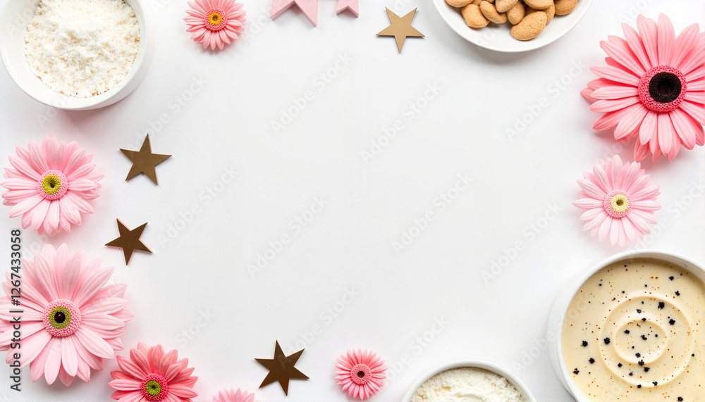 Floral arrangement with pink flowers and snacks on a white background for blogs, websites, greeting cards, cooking ideas, dessert recipes, and lifestyle-themed stationery designs Floral arrangement with pink flowers and snacks on a white background for blogs, websites, greeting cards, cooking ideas, dessert recipes, and lifestyle-themed stationery designs